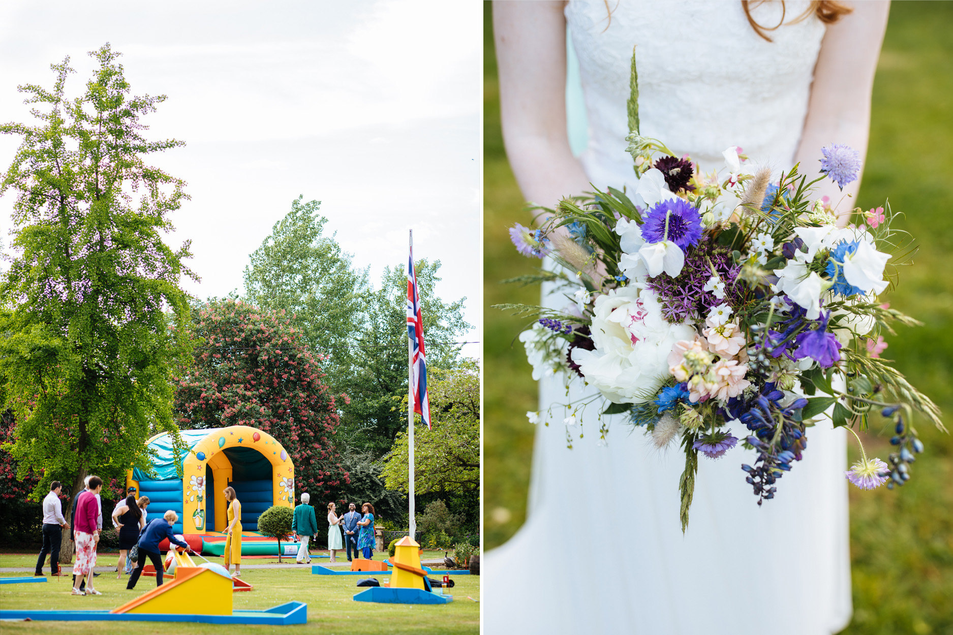 bouncy castle and bridal bouquet at oxfordshire marquee wedding