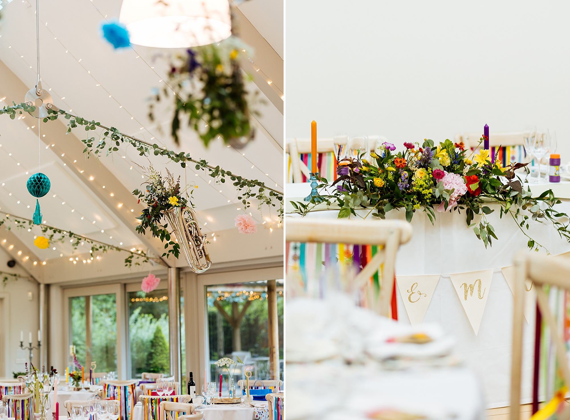 A beautiful wedding with musical instruments on the ceiling!